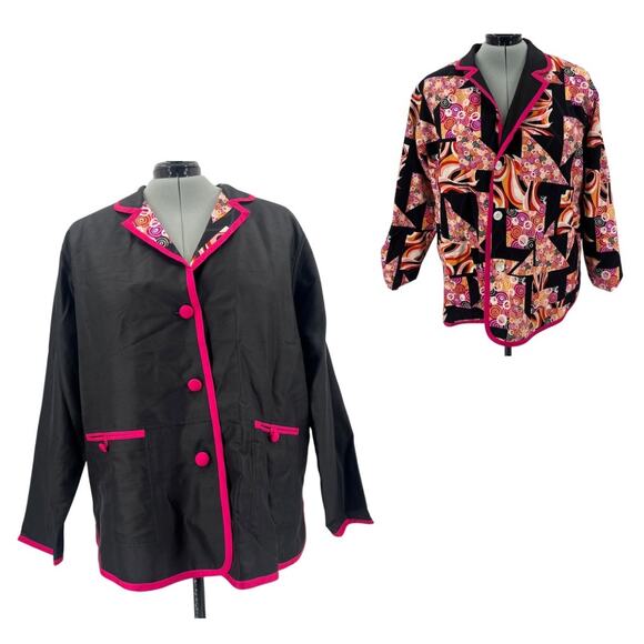 Koos of Course 100% Silk Reversible Womens Jacket 2X Black Patchwork Artsy Boho - Picture 1 of 16